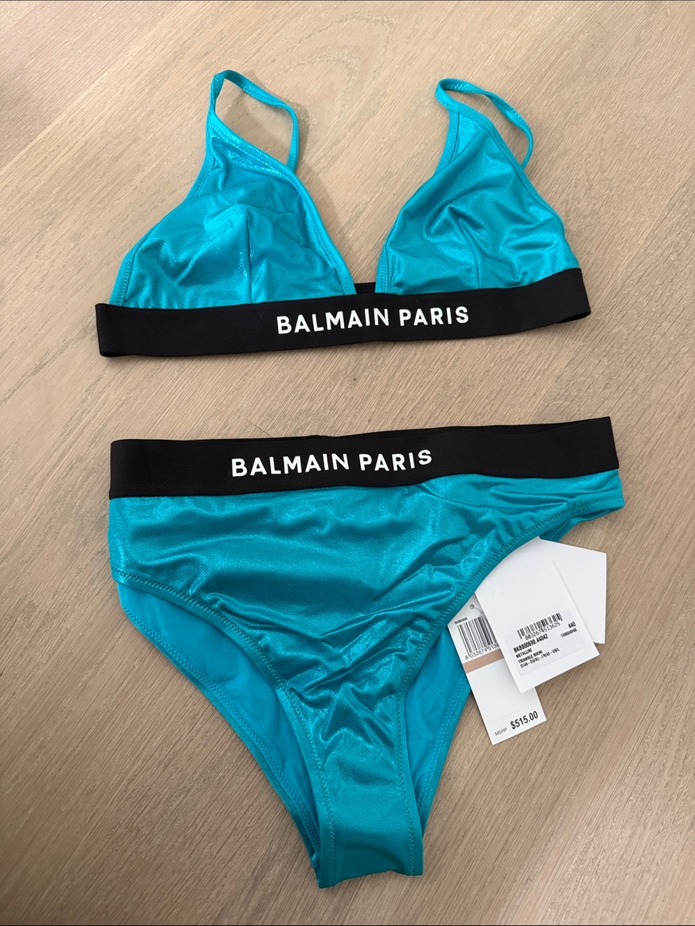 Balmain Paris Metallise Teal Bikini Set with Black Logo Band